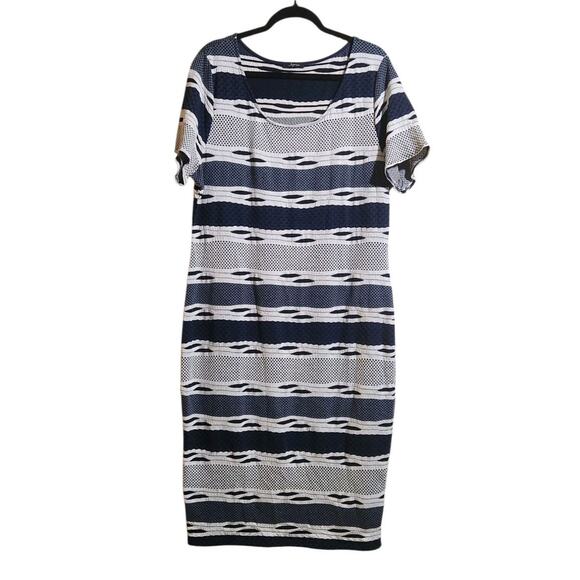Soprano Blue White Striped Short Sleeve Shift Dress Midi Plus Sz 3X Sexy Stretch - Picture 1 of 7
